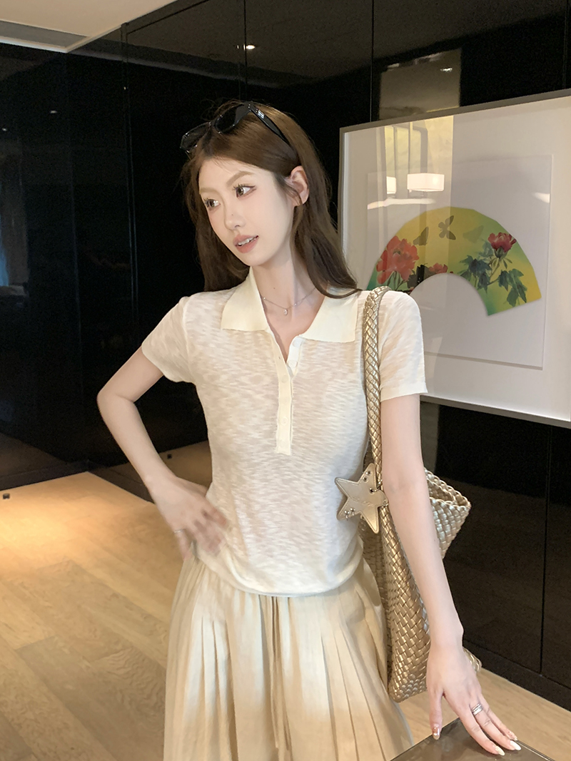 實拍~翻領半開扣短袖針織 polo衫女2026春夏新款修身顯瘦上衣