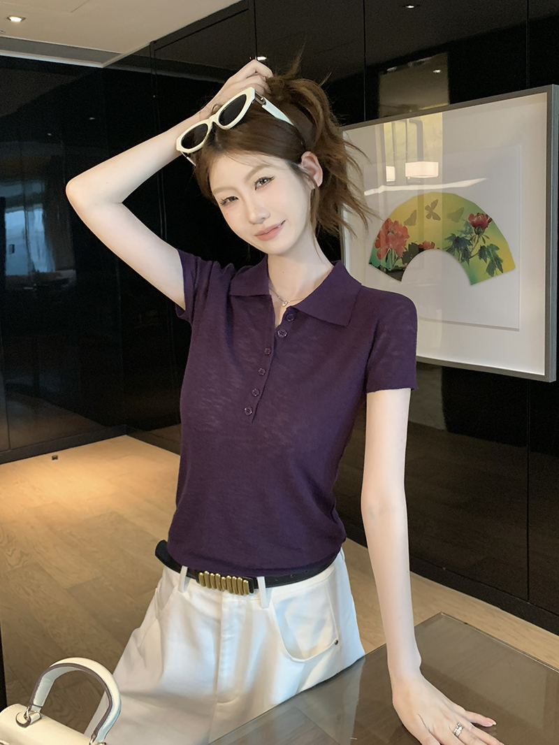 實拍~翻領半開扣短袖針織 polo衫女2026春夏新款修身顯瘦上衣