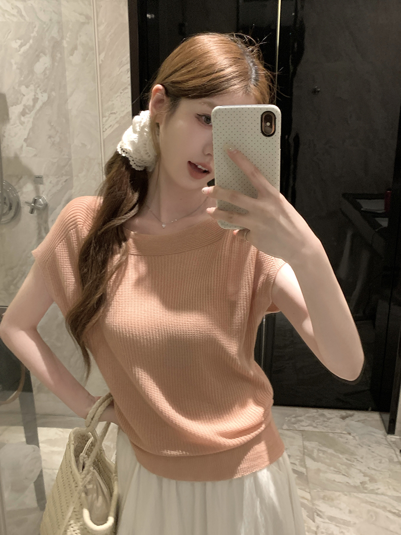 實拍~簡約氣質一字領小飛袖設計感短袖針織衫百搭顯瘦上衣女