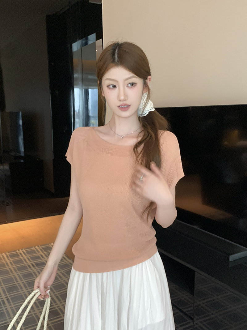 實拍~簡約氣質一字領小飛袖設計感短袖針織衫百搭顯瘦上衣女
