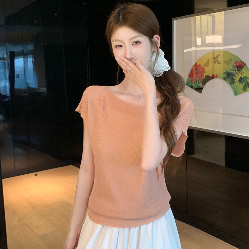 實拍~簡約氣質一字領小飛袖設計感短袖針織衫百搭顯瘦上衣女