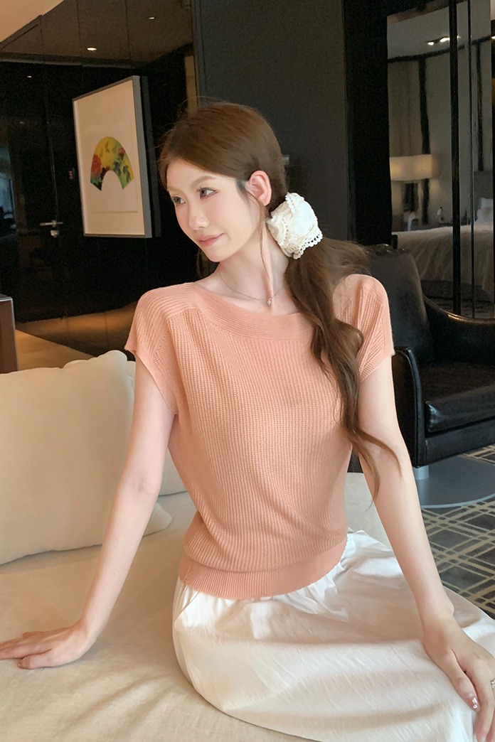 實拍~簡約氣質一字領小飛袖設計感短袖針織衫百搭顯瘦上衣女