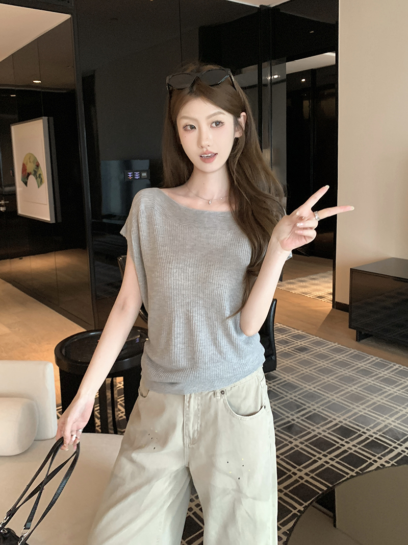 實拍~簡約氣質一字領小飛袖設計感短袖針織衫百搭顯瘦上衣女