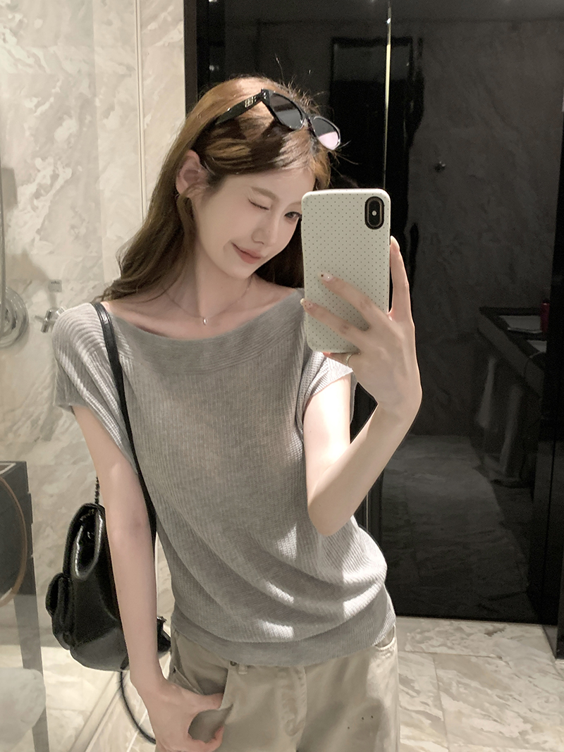 實拍~簡約氣質一字領小飛袖設計感短袖針織衫百搭顯瘦上衣女