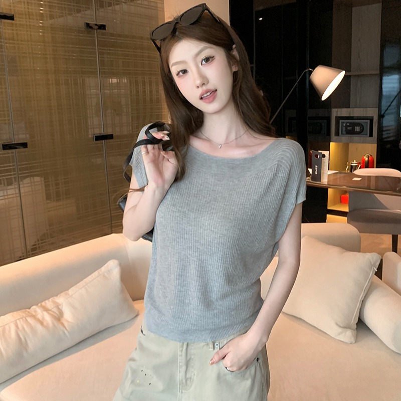 實拍~簡約氣質一字領小飛袖設計感短袖針織衫百搭顯瘦上衣女