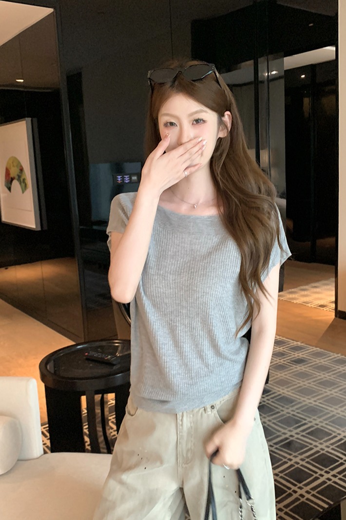 實拍~簡約氣質一字領小飛袖設計感短袖針織衫百搭顯瘦上衣女