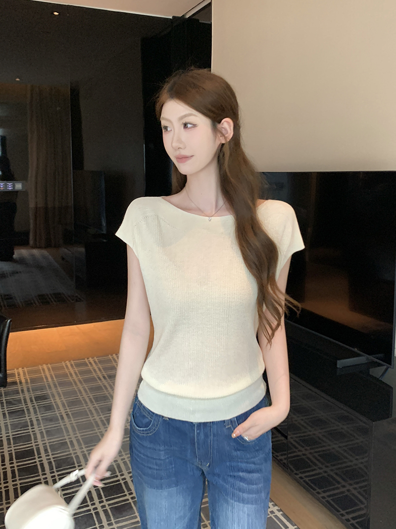 實拍~簡約氣質一字領小飛袖設計感短袖針織衫百搭顯瘦上衣女