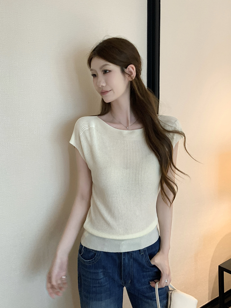 實拍~簡約氣質一字領小飛袖設計感短袖針織衫百搭顯瘦上衣女