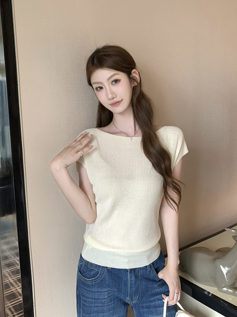 實拍~簡約氣質一字領小飛袖設計感短袖針織衫百搭顯瘦上衣女