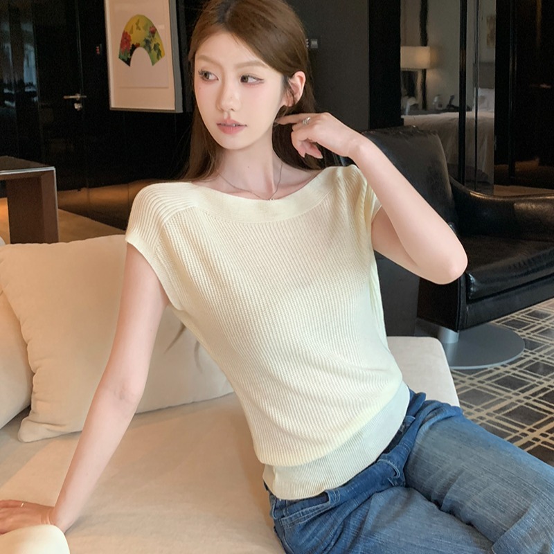 實拍~簡約氣質一字領小飛袖設計感短袖針織衫百搭顯瘦上衣女