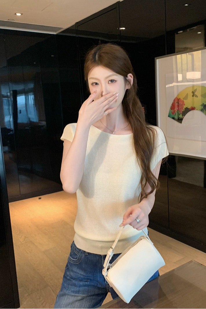 實拍~簡約氣質一字領小飛袖設計感短袖針織衫百搭顯瘦上衣女