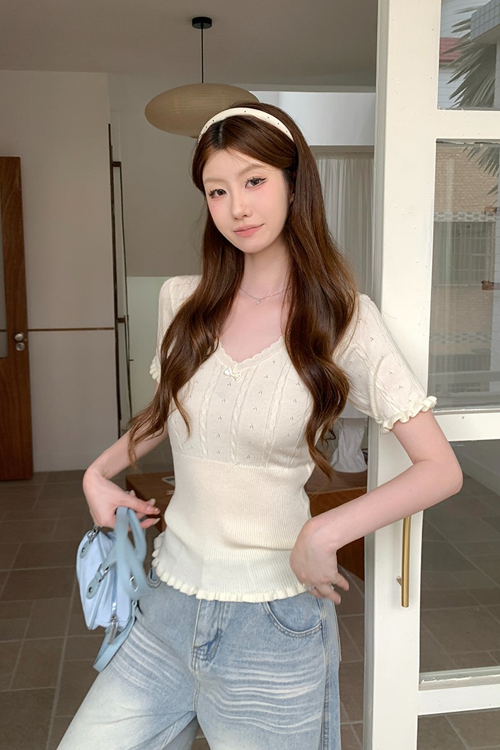 實拍~甜辣妹花邊V領收腰打底上衣女春裝蝴蝶結減齡針織衫毛衣內搭