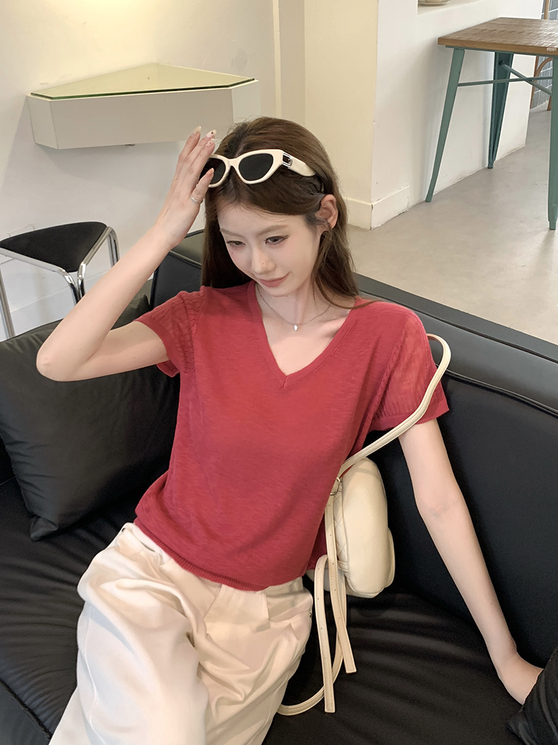 實拍~梅紅色針織T恤女2026春夏新款V領坑條寬松百搭短袖