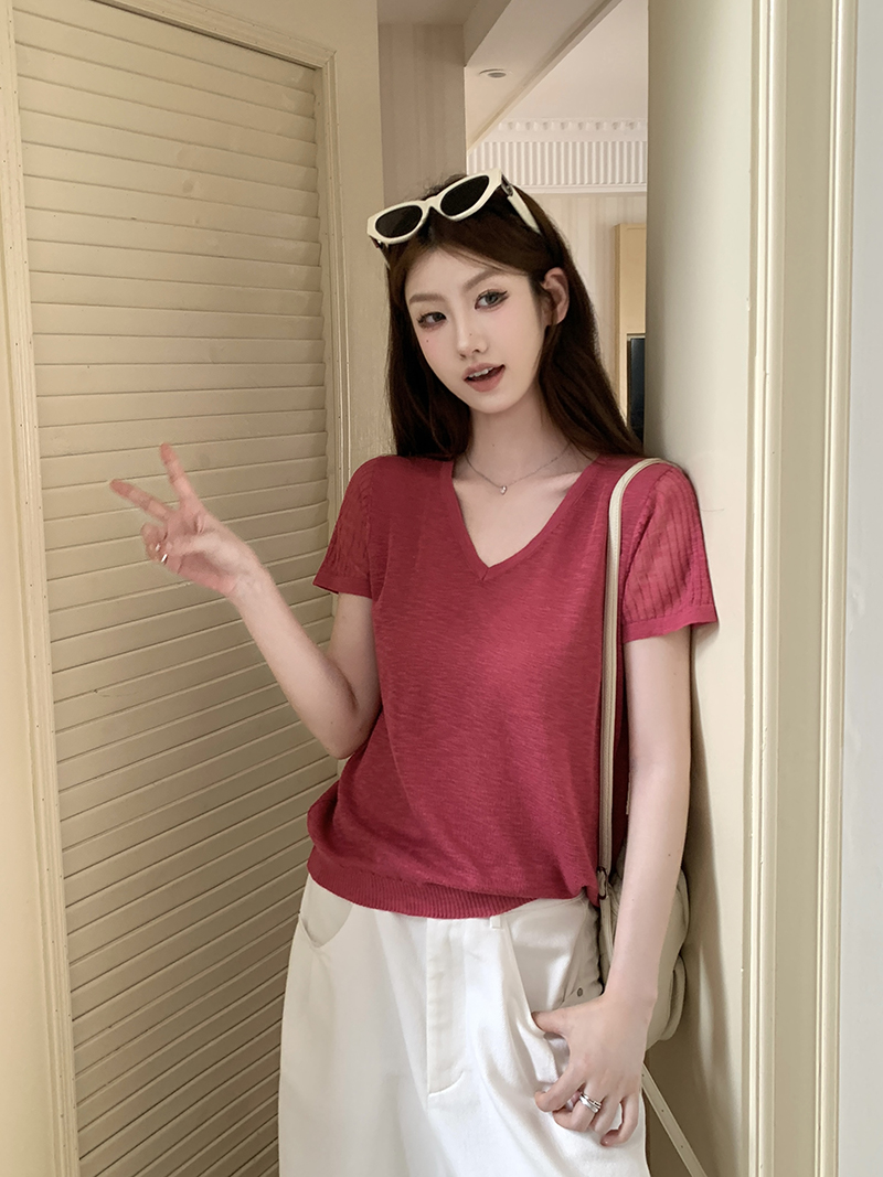 實拍~梅紅色針織T恤女2026春夏新款V領坑條寬松百搭短袖