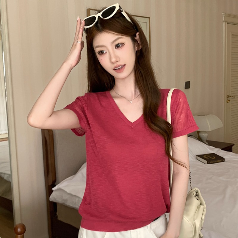 實拍~梅紅色針織T恤女2026春夏新款V領坑條寬松百搭短袖