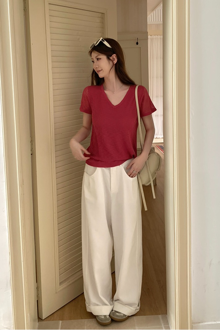 實拍~梅紅色針織T恤女2026春夏新款V領坑條寬松百搭短袖