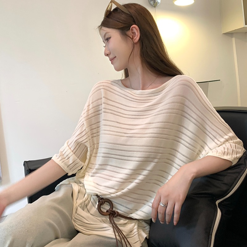 實拍~條紋系帶收腰針織上衣女2026春夏新款寬松顯瘦氣質T恤