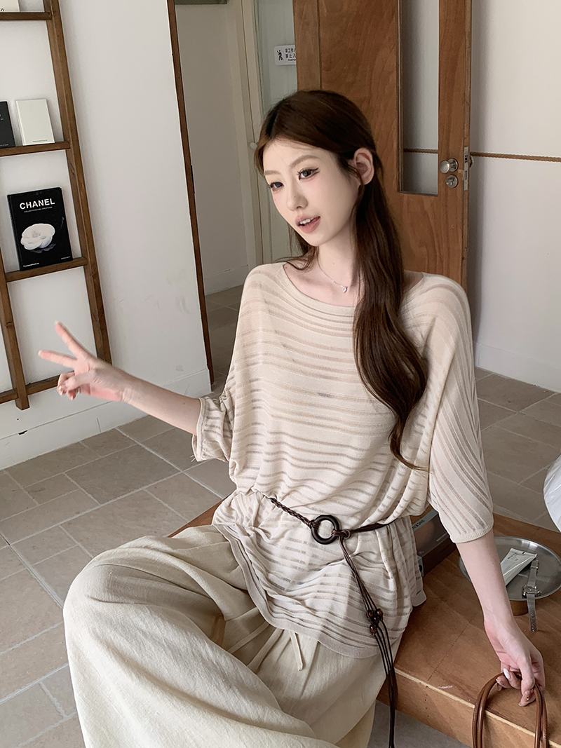 實拍~條紋系帶收腰針織上衣女2026春夏新款寬松顯瘦氣質T恤