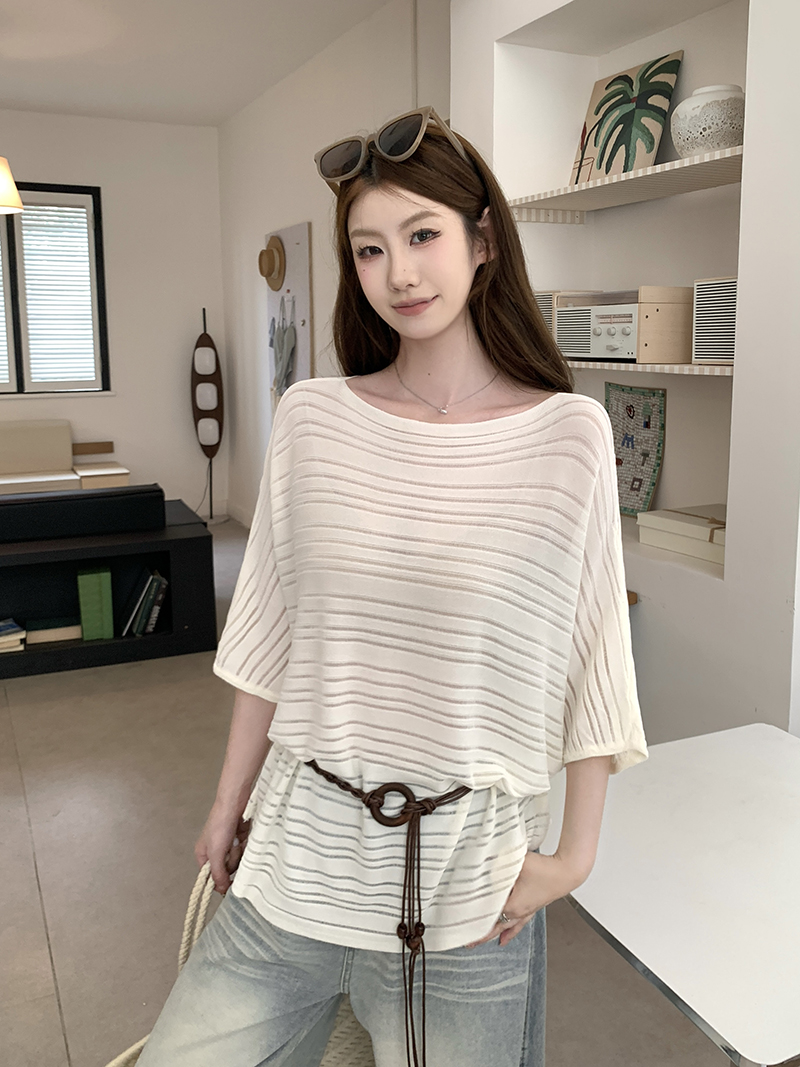 實拍~條紋系帶收腰針織上衣女2026春夏新款寬松顯瘦氣質T恤