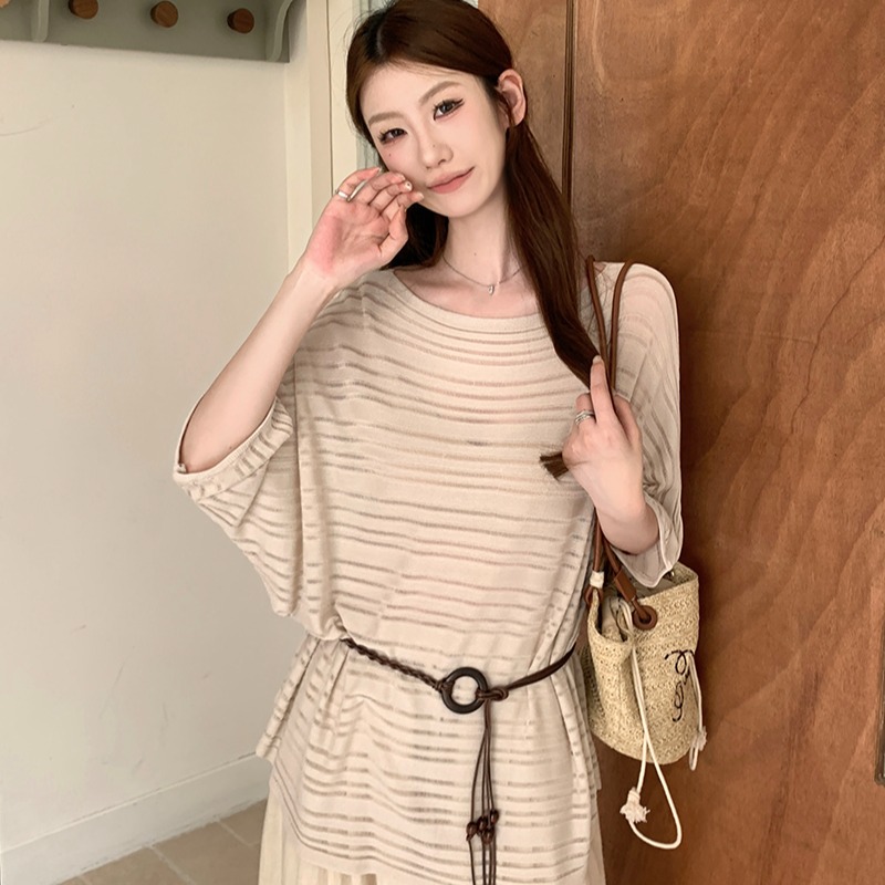 實拍~條紋系帶收腰針織上衣女2026春夏新款寬松顯瘦氣質T恤