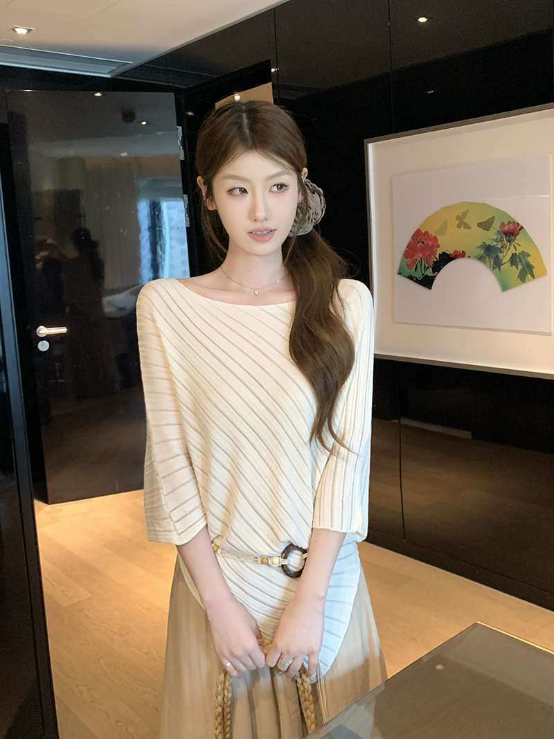 實拍~斜紋系帶不規則針織上衣女2026春夏新款寬松顯瘦氣質上衣