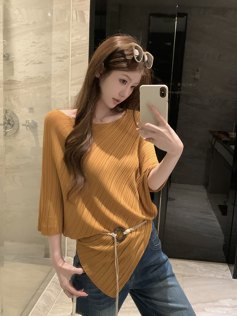 實拍~斜紋系帶不規則針織上衣女2026春夏新款寬松顯瘦氣質上衣