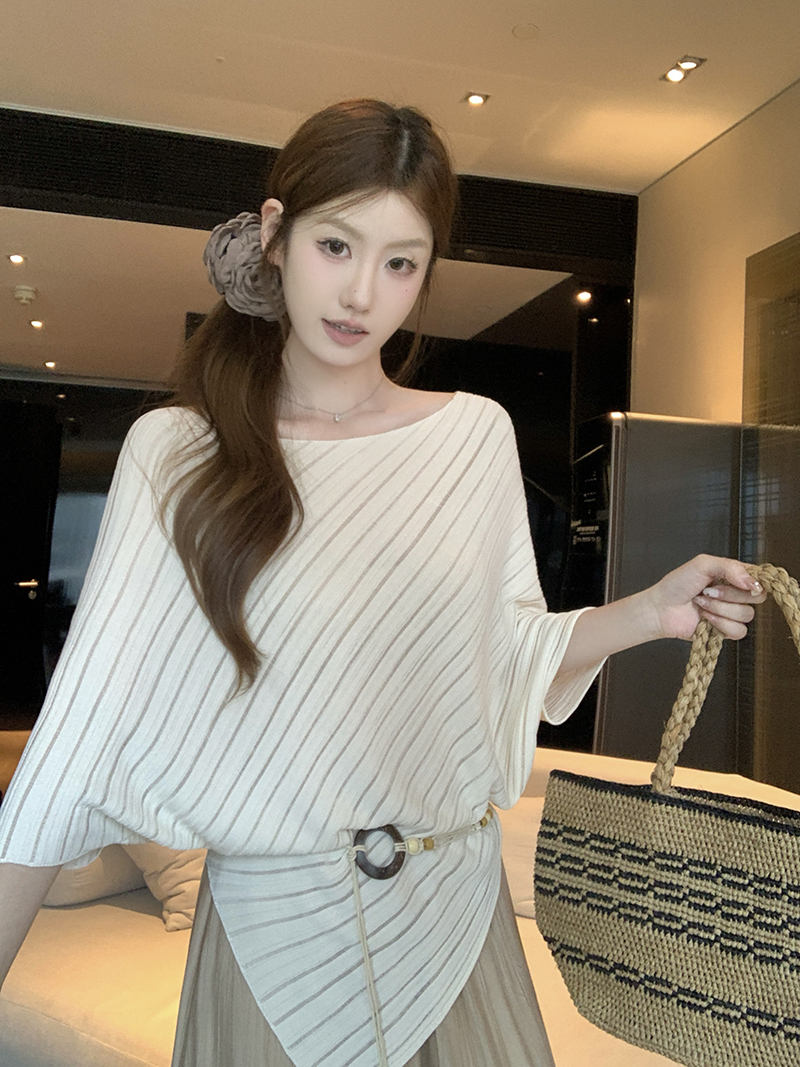 實拍~斜紋系帶不規則針織上衣女2026春夏新款寬松顯瘦氣質上衣