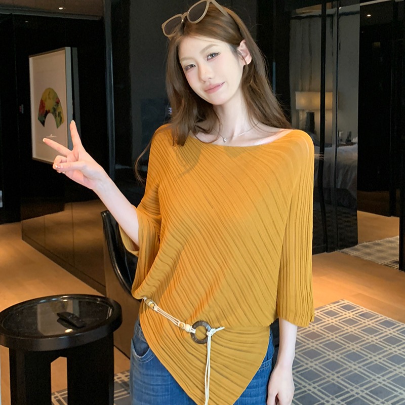 實拍~斜紋系帶不規則針織上衣女2026春夏新款寬松顯瘦氣質上衣