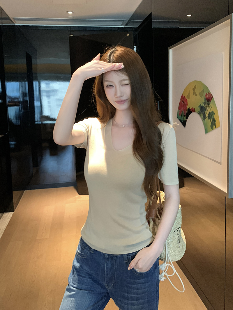 實拍~韓系漂亮V領針織短袖T恤女夏季獨特超好看修身上衣