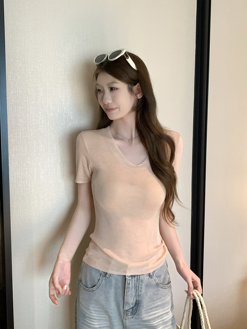 實拍~韓系漂亮V領針織短袖T恤女夏季獨特超好看修身上衣