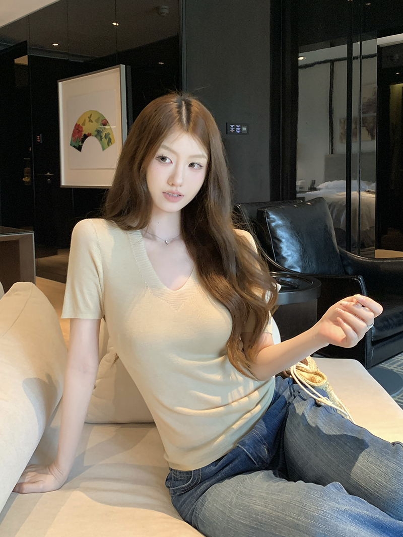 實拍~韓系漂亮V領針織短袖T恤女夏季獨特超好看修身上衣