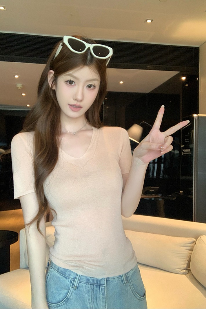 實拍~韓系漂亮V領針織短袖T恤女夏季獨特超好看修身上衣