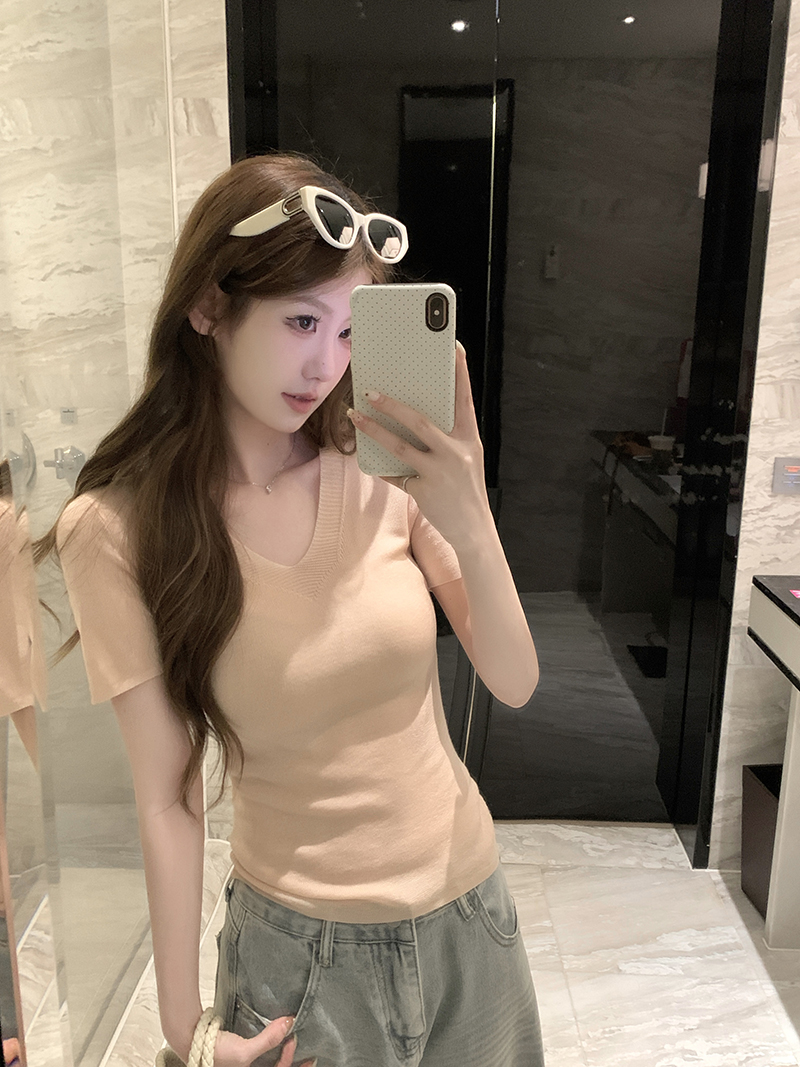 實拍~韓系漂亮V領針織短袖T恤女夏季獨特超好看修身上衣