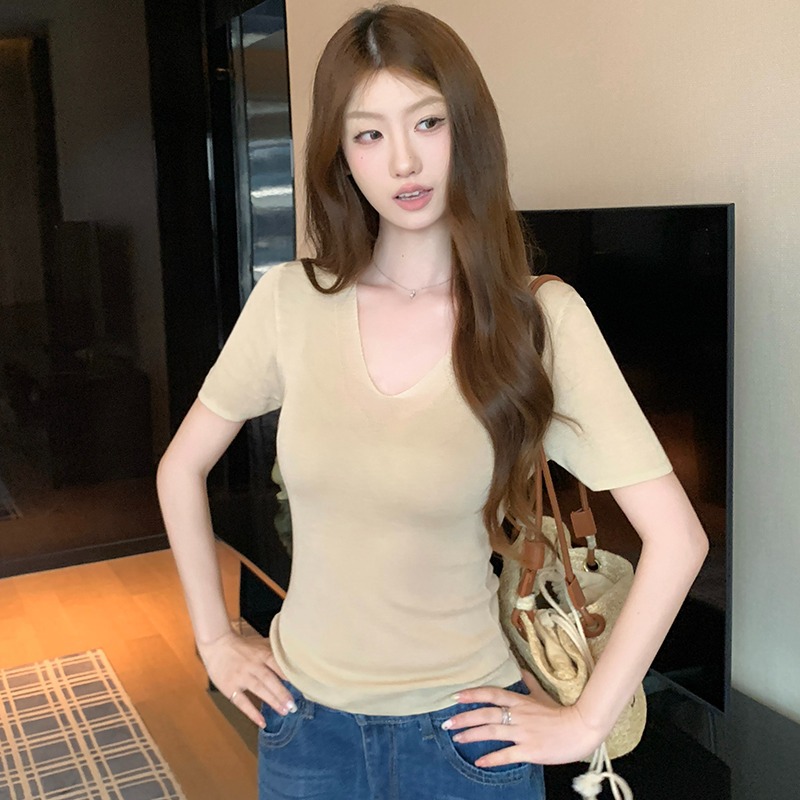 實拍~韓系漂亮V領針織短袖T恤女夏季獨特超好看修身上衣