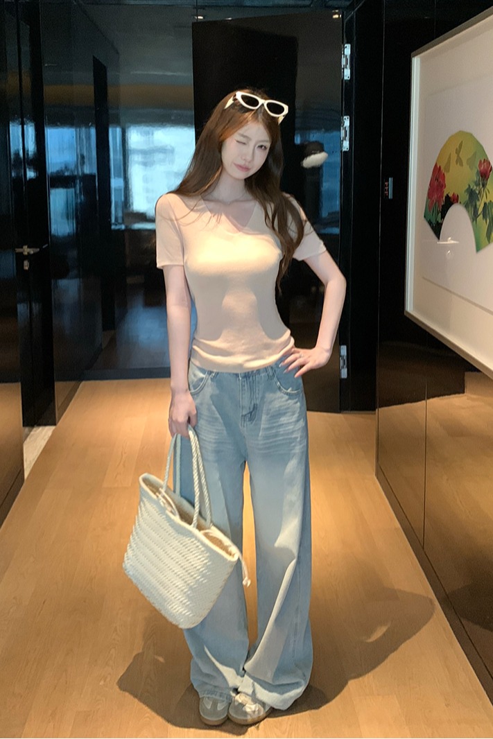 實拍~韓系漂亮V領針織短袖T恤女夏季獨特超好看修身上衣