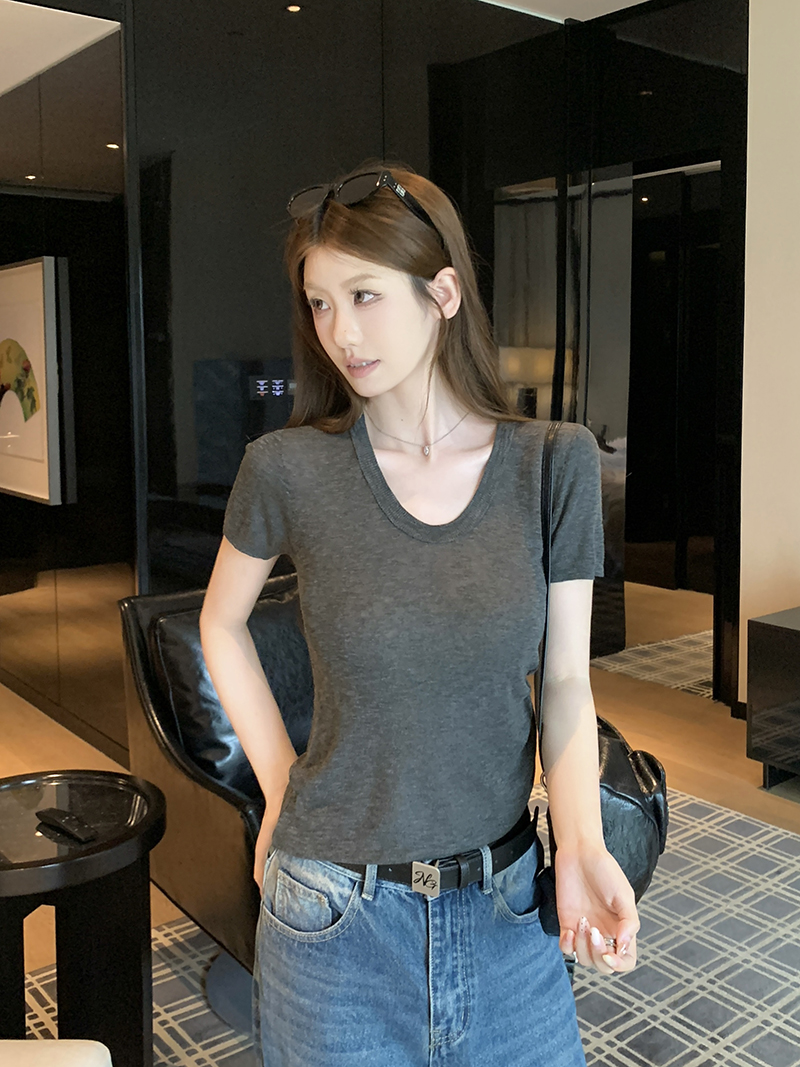 實拍~針織正肩短袖T恤女2026夏季新款U領坑條修身顯瘦薄款上衣