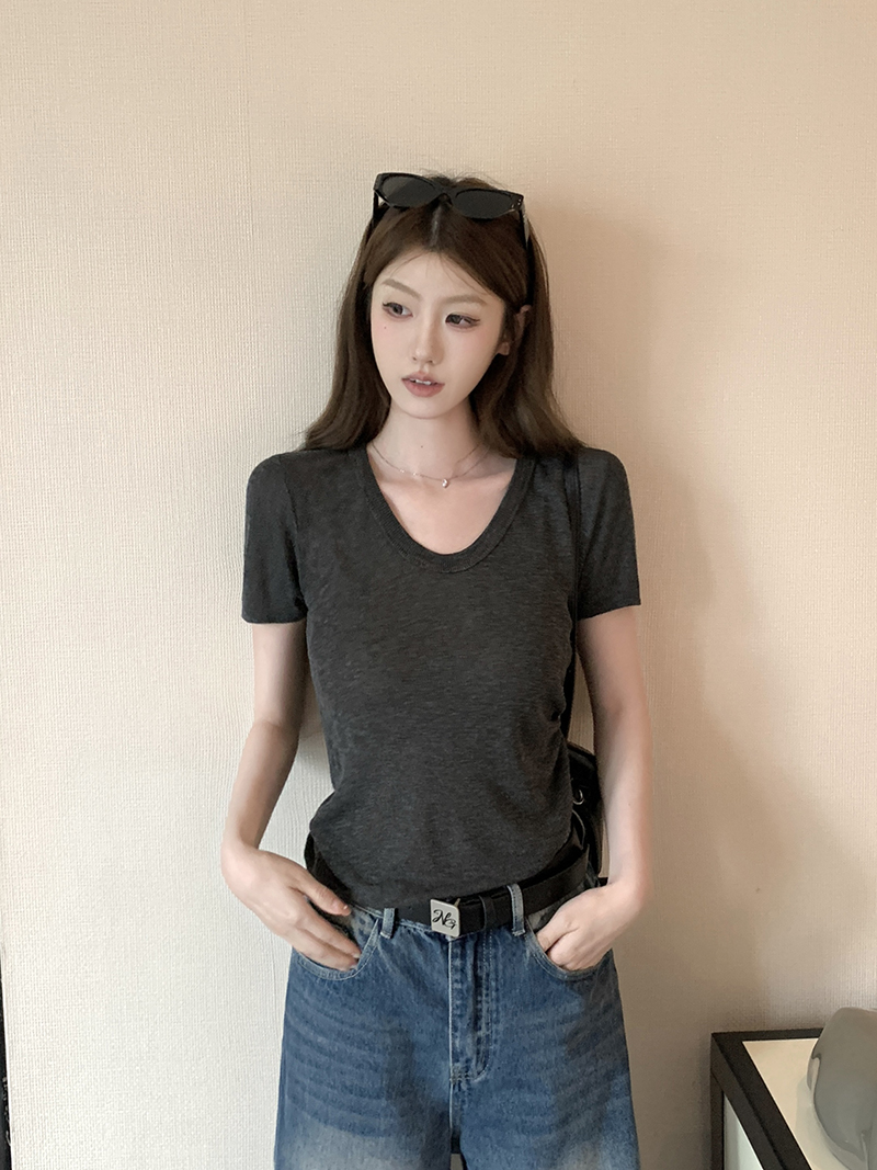 實拍~針織正肩短袖T恤女2026夏季新款U領坑條修身顯瘦薄款上衣