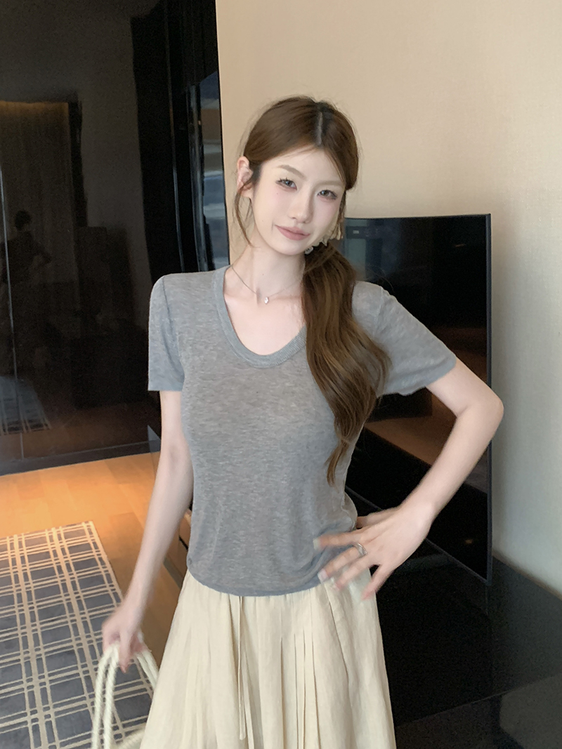 實拍~針織正肩短袖T恤女2026夏季新款U領坑條修身顯瘦薄款上衣