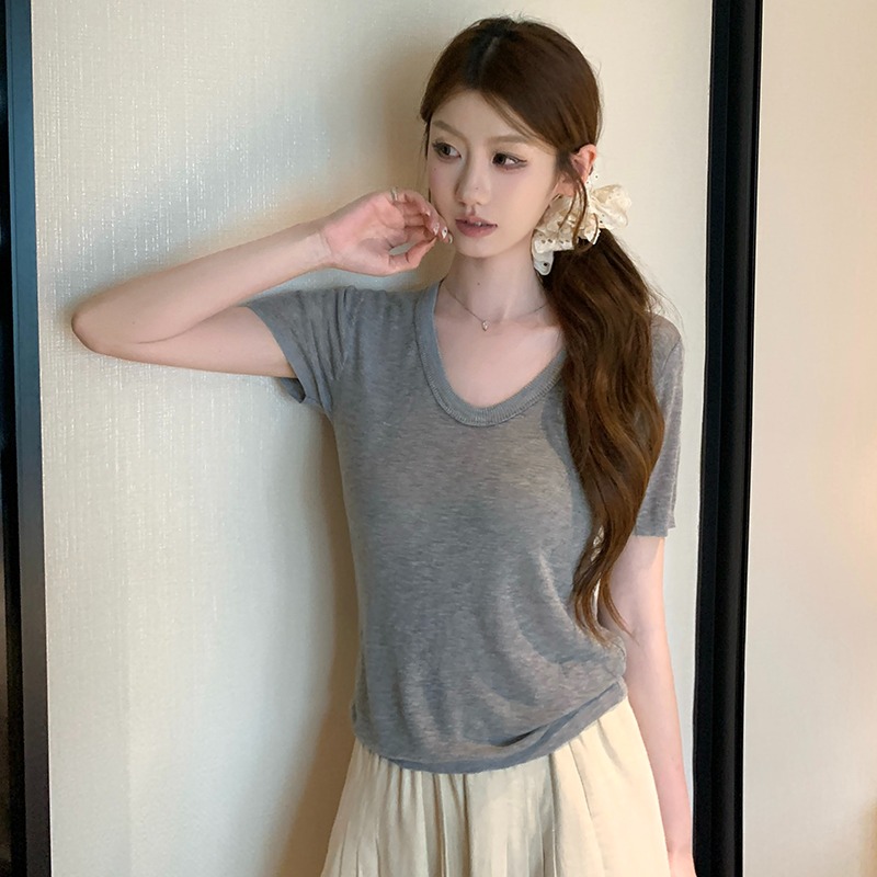 實拍~針織正肩短袖T恤女2026夏季新款U領坑條修身顯瘦薄款上衣