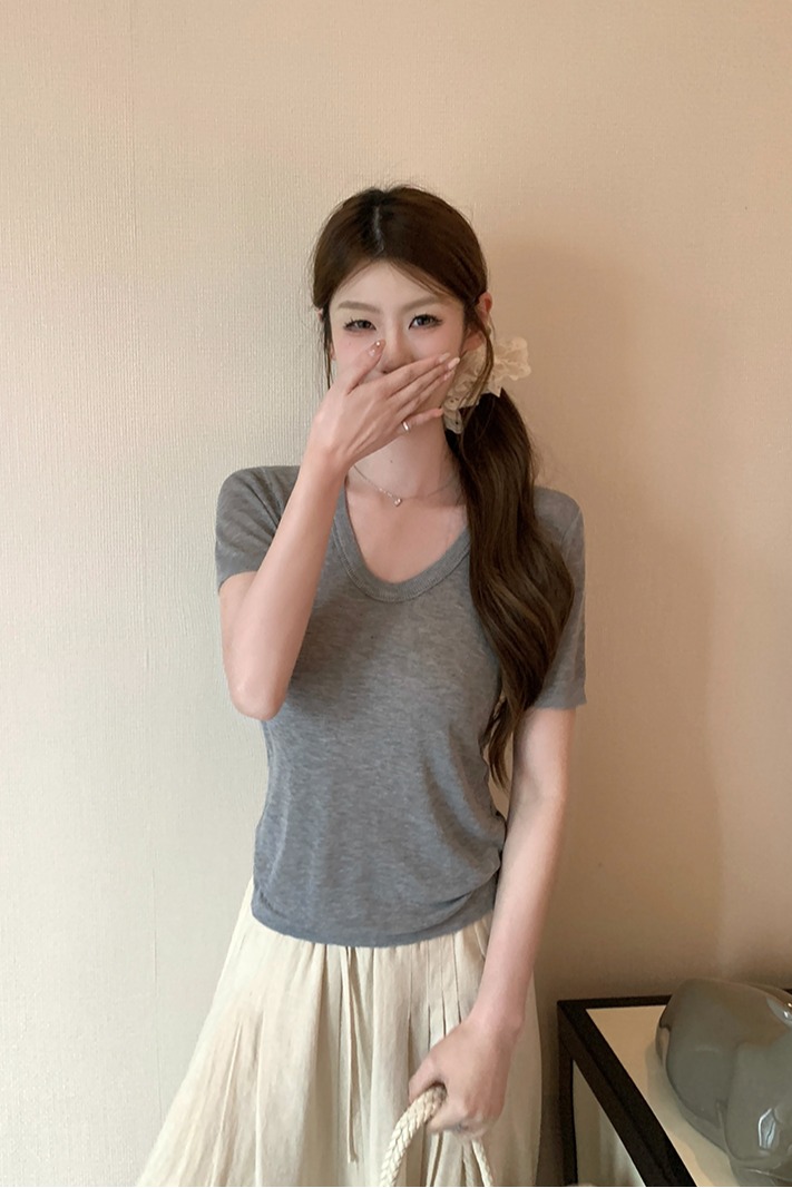 實拍~針織正肩短袖T恤女2026夏季新款U領坑條修身顯瘦薄款上衣