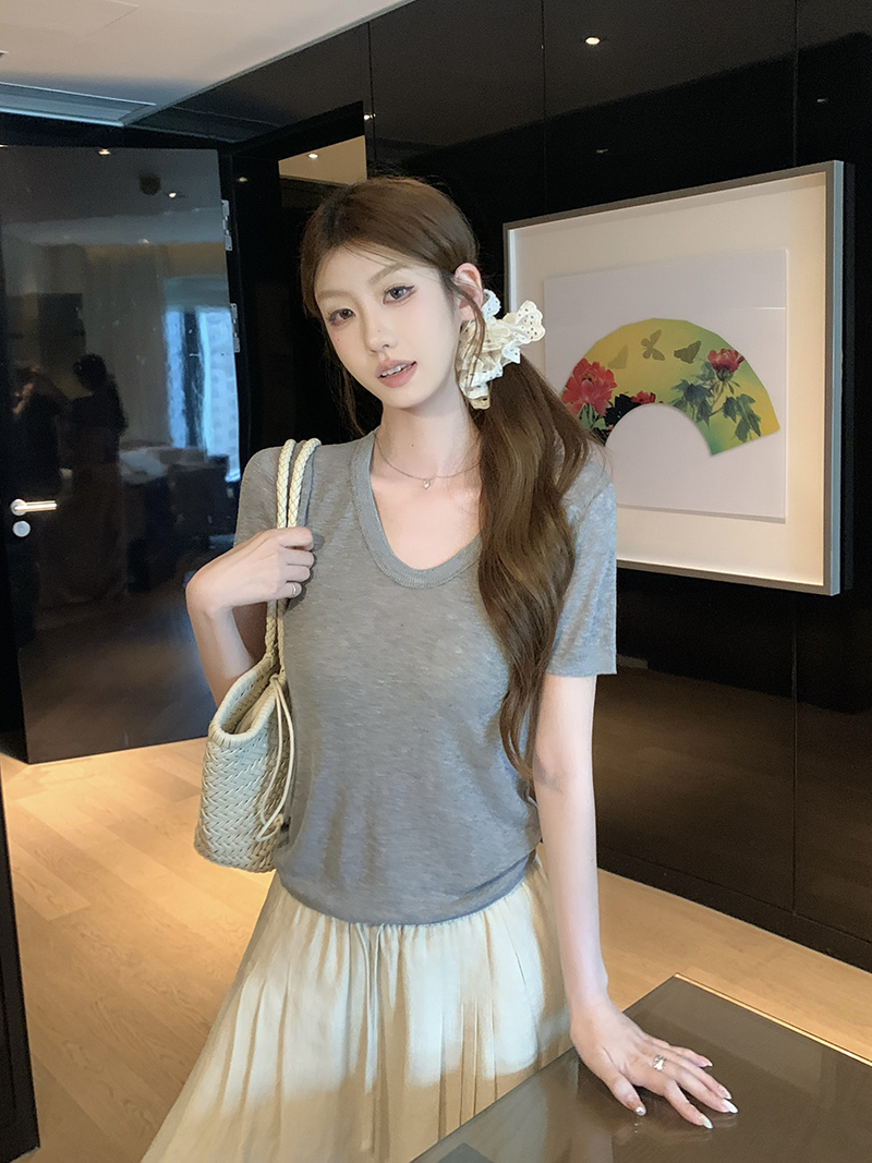 實拍~針織正肩短袖T恤女2026夏季新款U領坑條修身顯瘦薄款上衣