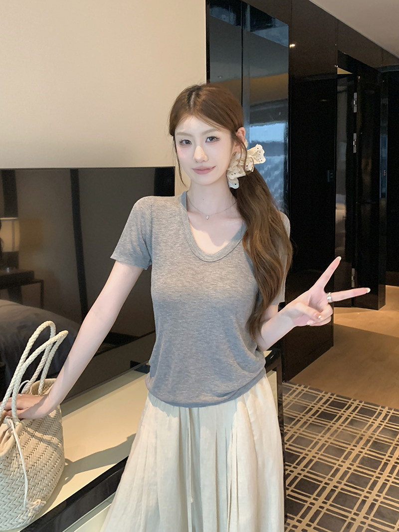 實拍~針織正肩短袖T恤女2026夏季新款U領坑條修身顯瘦薄款上衣