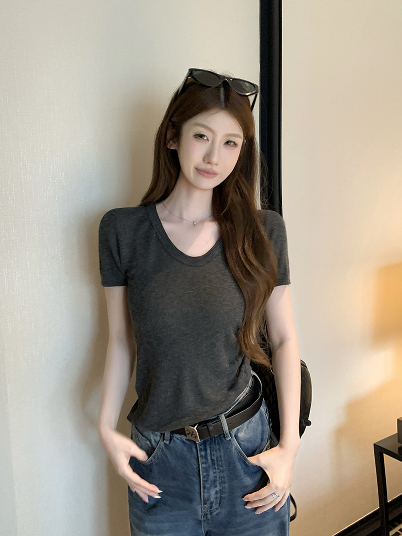 實拍~針織正肩短袖T恤女2026夏季新款U領坑條修身顯瘦薄款上衣