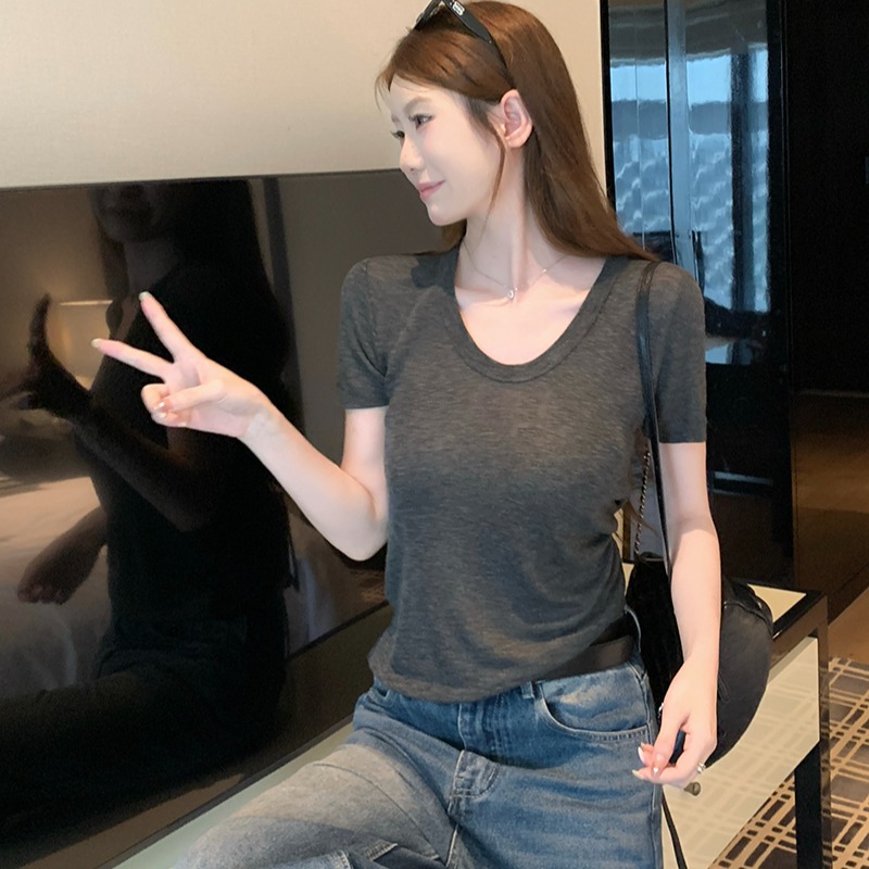 實拍~針織正肩短袖T恤女2026夏季新款U領坑條修身顯瘦薄款上衣