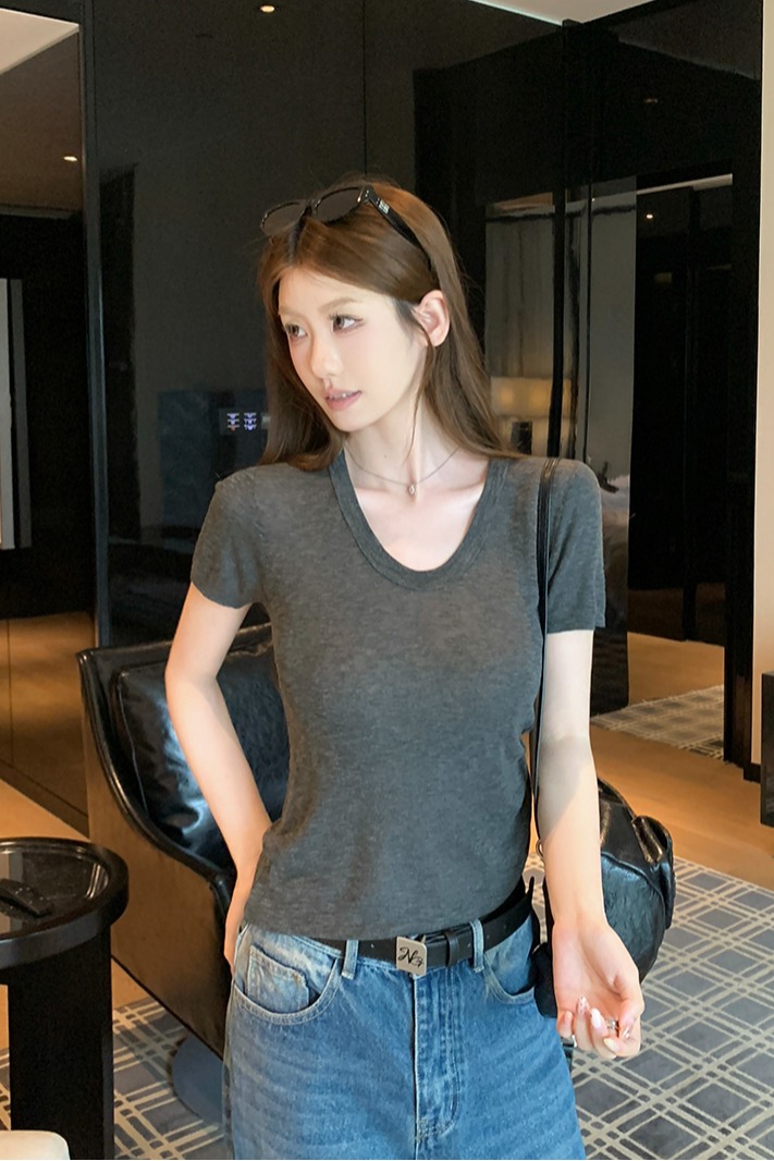 實拍~針織正肩短袖T恤女2026夏季新款U領坑條修身顯瘦薄款上衣