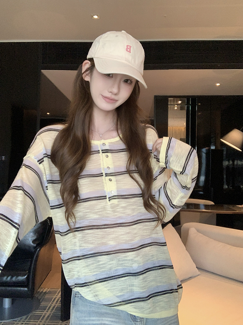 實拍~針織圓領條紋半開扣短袖T恤女2026夏季新款寬松顯瘦薄款上衣