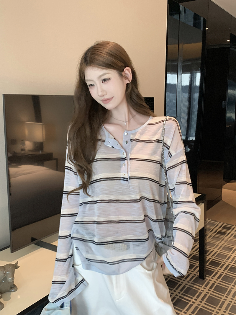 實拍~針織圓領條紋半開扣短袖T恤女2026夏季新款寬松顯瘦薄款上衣