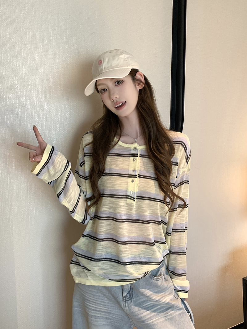 實拍~針織圓領條紋半開扣短袖T恤女2026夏季新款寬松顯瘦薄款上衣
