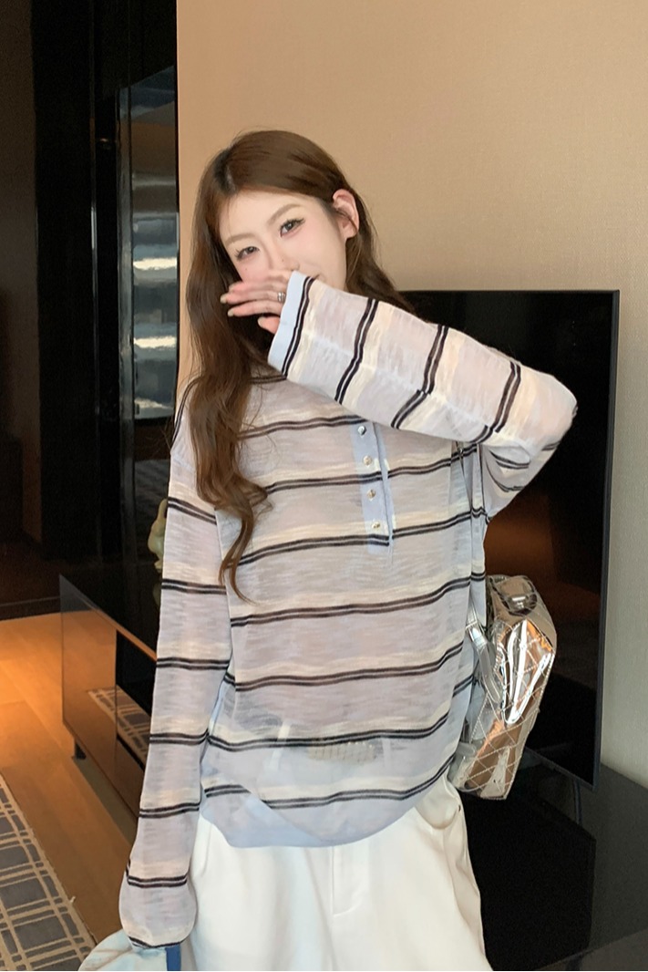 實拍~針織圓領條紋半開扣短袖T恤女2026夏季新款寬松顯瘦薄款上衣