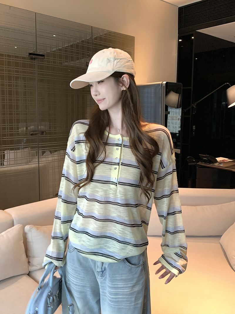 實拍~針織圓領條紋半開扣短袖T恤女2026夏季新款寬松顯瘦薄款上衣